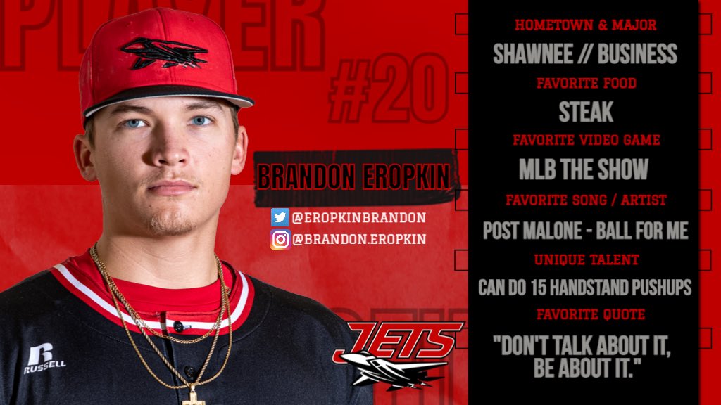 2️⃣0️⃣DAYS UNTIL OPENING DAY‼️

PLAYER SPOTLIGHT 🔦 
#️⃣2️⃣0️⃣
Brandon Eropkin (<a href="/EropkinBrandon/">Brandon Eropkin</a>)
RHP
Shawnee, OK

✈️⚾️‼️