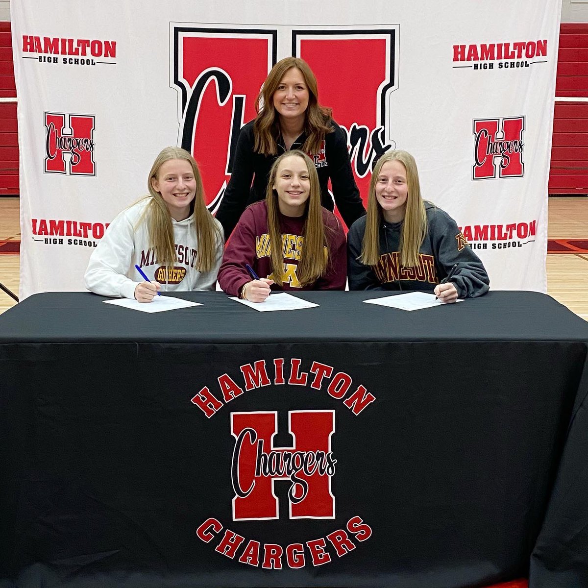 cheer_hamilton's tweet photo. proud coach moment - these three amazing girls have officially been accepted to the University of Minnesota &amp; next fall they will be cheering for @gophercheer! wishing the best and brightest future for these girls as they cheer on the Maroon &amp; Gold 💛 @HHS_Chargers @TheHamHouse https://t.co/QJVgnpclWY