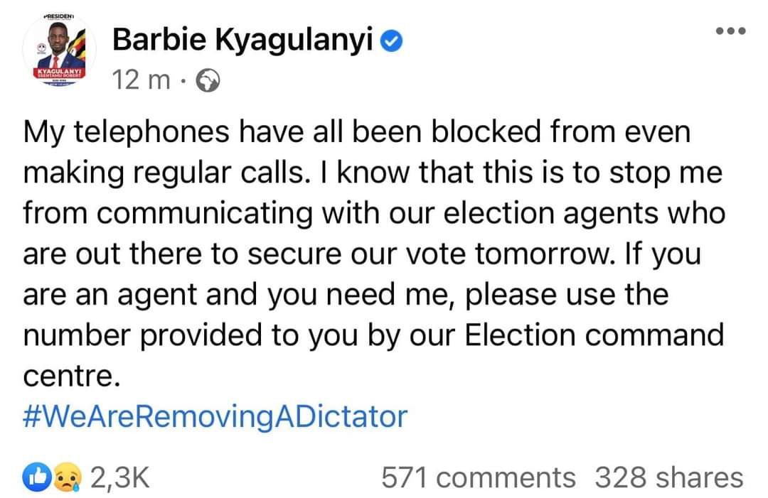 KizzaDemmy's tweet photo. Dear @BarbieItungoK so sad what's going on, however hold on the last hope we shall overcome. Pse connect her phone #opentheinternet @HEBobiwine https://t.co/gWx82wAWyJ