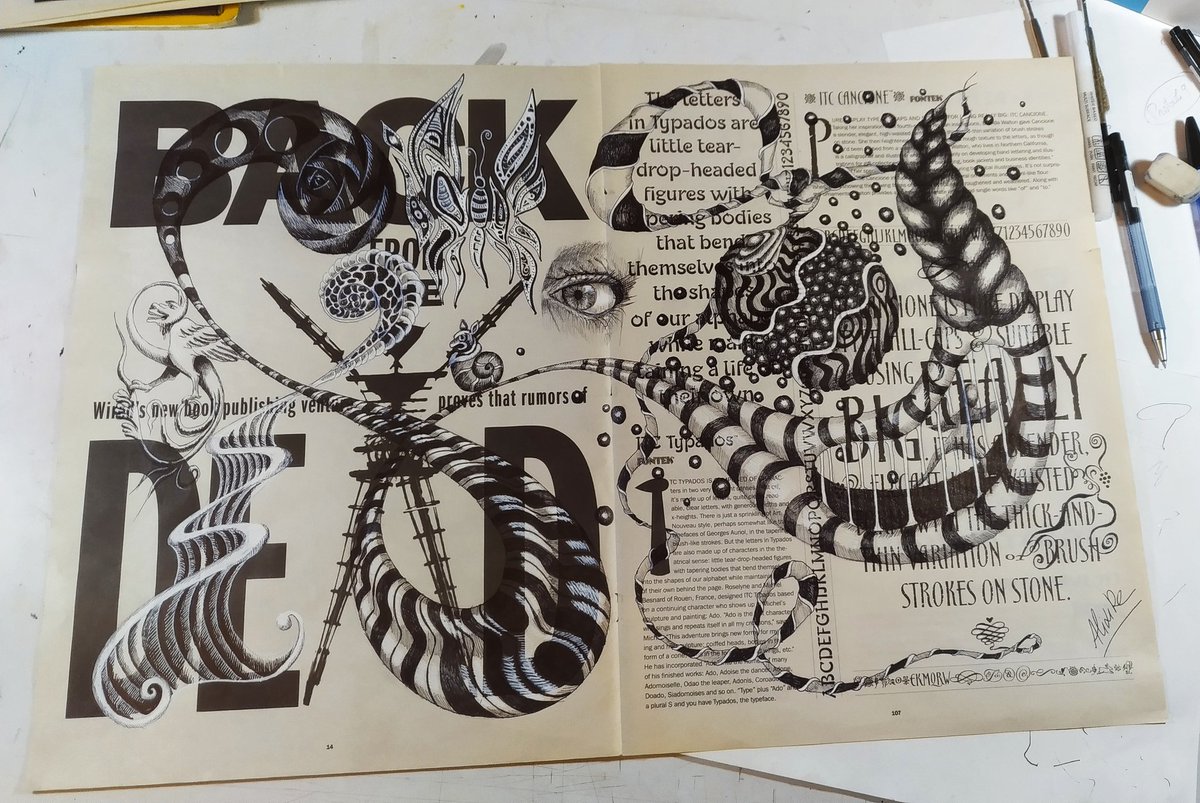 AlixireO's tweet photo. Le voici terminé...😁
Back From the Dead, stylo bille et feutre sur papier ancien, 55,5x37,7 cm.
https://t.co/0HgyPMeCh1
#alixire #contemporaryartist #ornemental #dead #ddessin #typography #artdrawing https://t.co/6ddxh1jfZ3