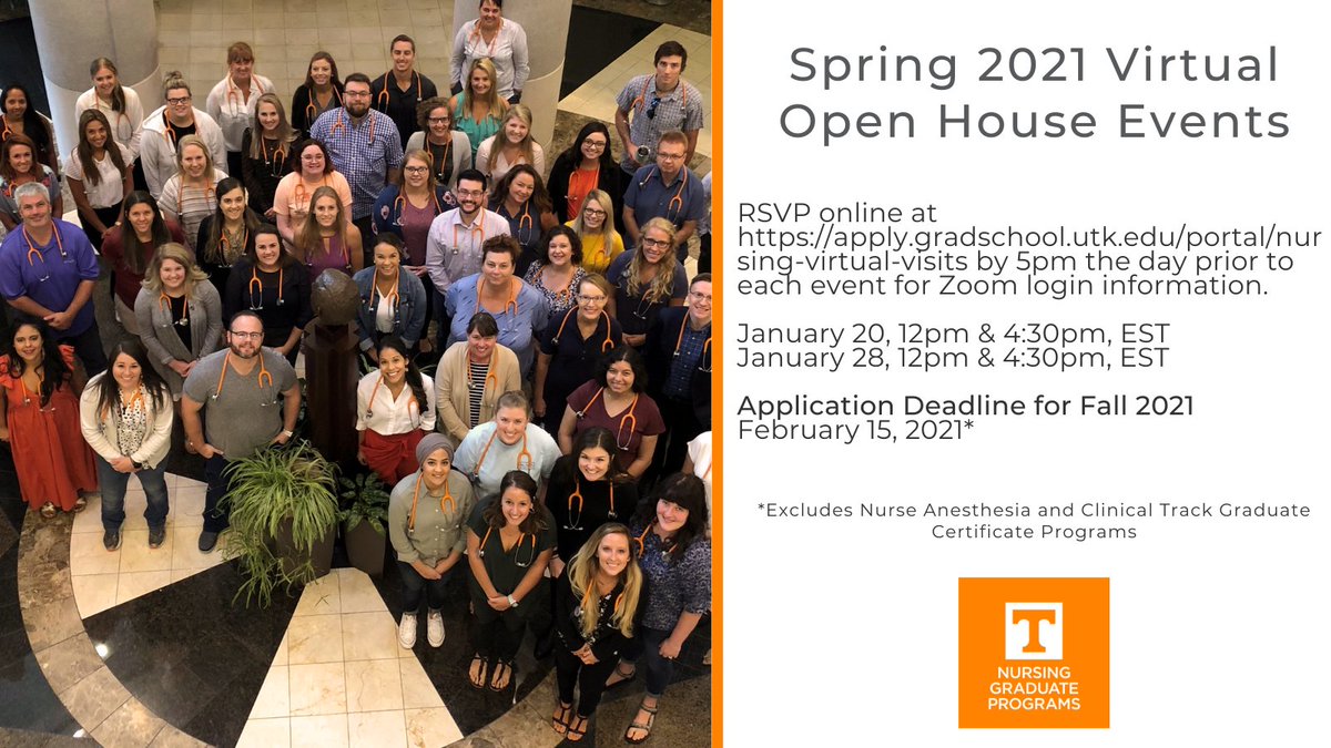 Join us for one of our spring virtual information sessions. Fall 2021 application deadline is February 15. Contact us at congrad@utk.edu or by phone at 865-974-7606 for more information. #utkVOLNurse, #utkphdnurse, #utkdnpnurse