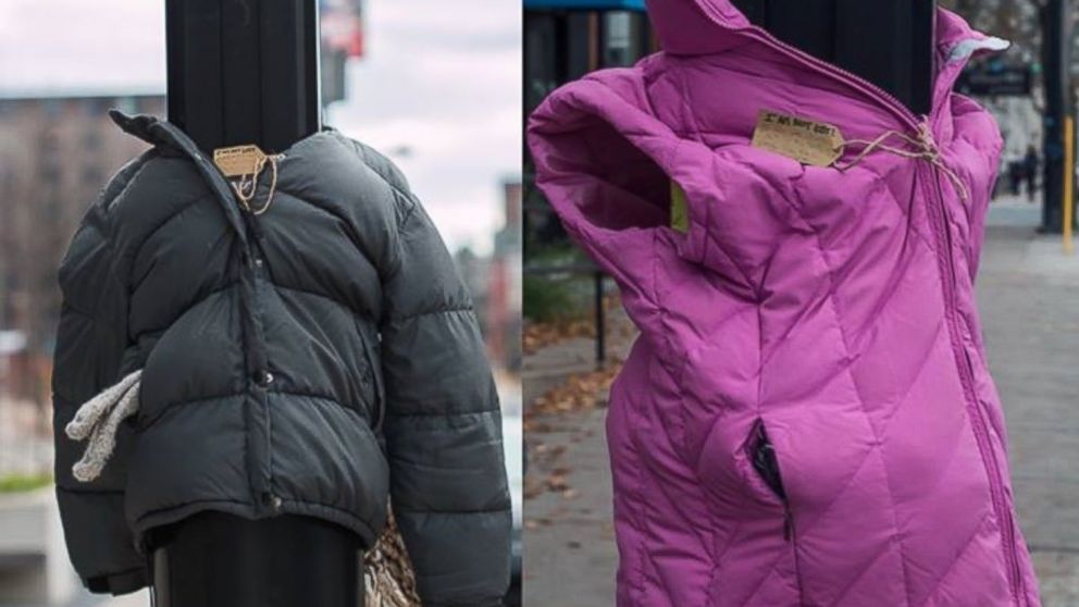 People in Halifax wrapped lamp poles with coats bundled with either scarves or mittens for people in need. Each item had a tag that read "I am not lost! If you are stuck out in the cold, please take me to keep warm!"