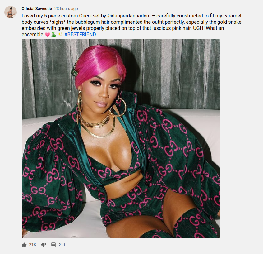 OwlsAsylum's tweet image. Saweetie got on a Dapper Dan gucci fit. Way to stay in that game, Unk...salute them survivors... #BlackWOMENONLY #blackmediatrust #DesignAccountability #OpenHand