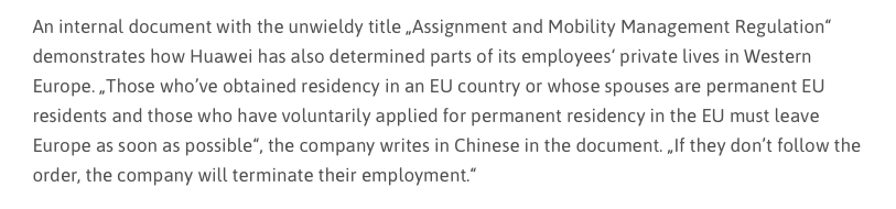  #CAI:EU-China investment deal allows for more Chinese employees to come to Europe for up to 3 yrs. But which laws will be followed by Chinese companies in Europe? This ex. from Huawei doesn't seem to fit any form of European law.
