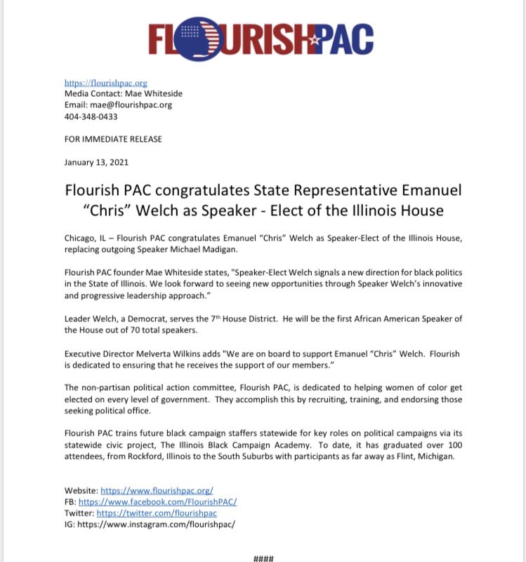 FlourishPac's tweet photo. Press release from @FlourishPac on the election of @RepChrisWelch  as Speaker of the IL House: https://t.co/X1k1N3URf8
