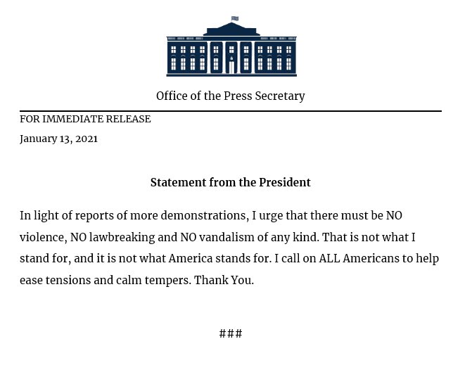 .@POTUS: In light of reports of more demonstrations, I urge that there must be NO violence, NO lawbreaking and NO vandalism of any kind. That is not what I stand for, and it is not what America stands for. I call on ALL Americans to help ease tensions and calm tempers. Thank You.