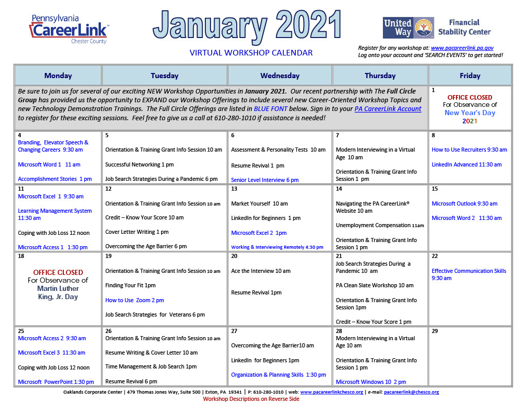 There’s still time to explore the PA Careerlink of Chester County’s virtual workshops for this month! Interested in a class? Register through your PA CareerLink account or call 610-280-1010.