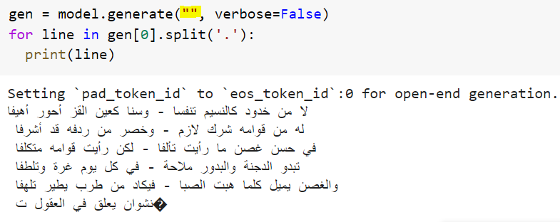 Abed Khooli (@akhooli) on Twitter photo Generating Arabic poetry by fine-tuning the medium GPT2 language model by <a href="/aubmindlab/">AUB MIND Lab</a> (no prompt provided in this example). Generating Arabic poetry by fine-tuning the medium GPT2 language model by <a href="/aubmindlab/">AUB MIND Lab</a> (no prompt provided in this example).