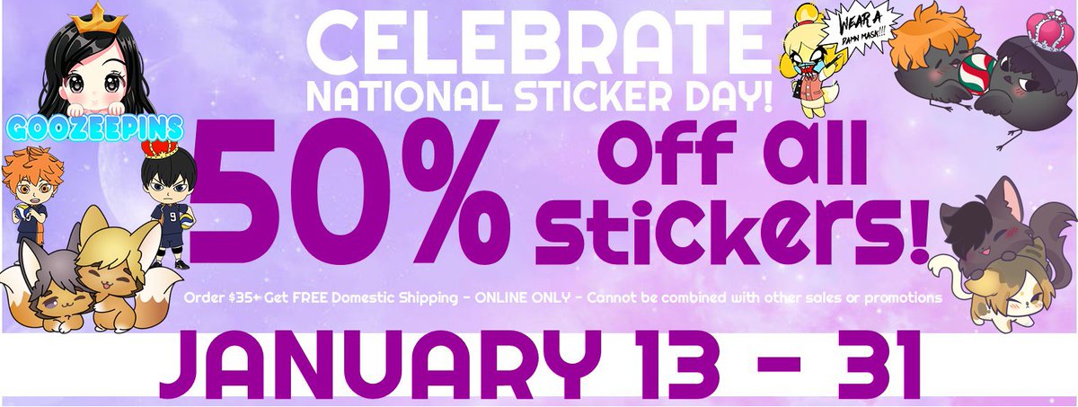 Happy National Sticker Day!
All stickers are 50% off!
Can't find what you're looking for? Send me A DM!
Discount applies in cart! 
goozeepins.com
#nationalstickerday #stickershop #stickersale #vinylsticker #vinylstickers #stickerslap  #goozeepins  #animestickers