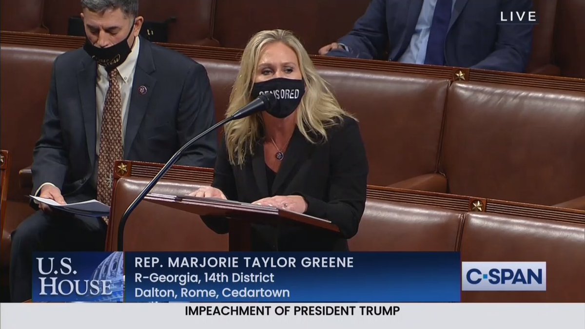 Speaking from the House floor on national television, Rep. Marjorie Taylor Greene (R-QAnon) is wearing a "CENSORED" mask
