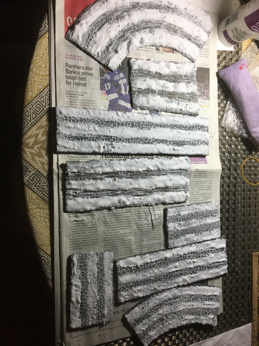 I already had some rubber roads and winterized them using Soft Snowflake (SSF) PVA and water mixed to make a mash, stuck it on then sprinkled more SSF on top. In the ruts I just put watered down PVA and SSF then scraped them to look like ruts. SSF for the trees I had already.