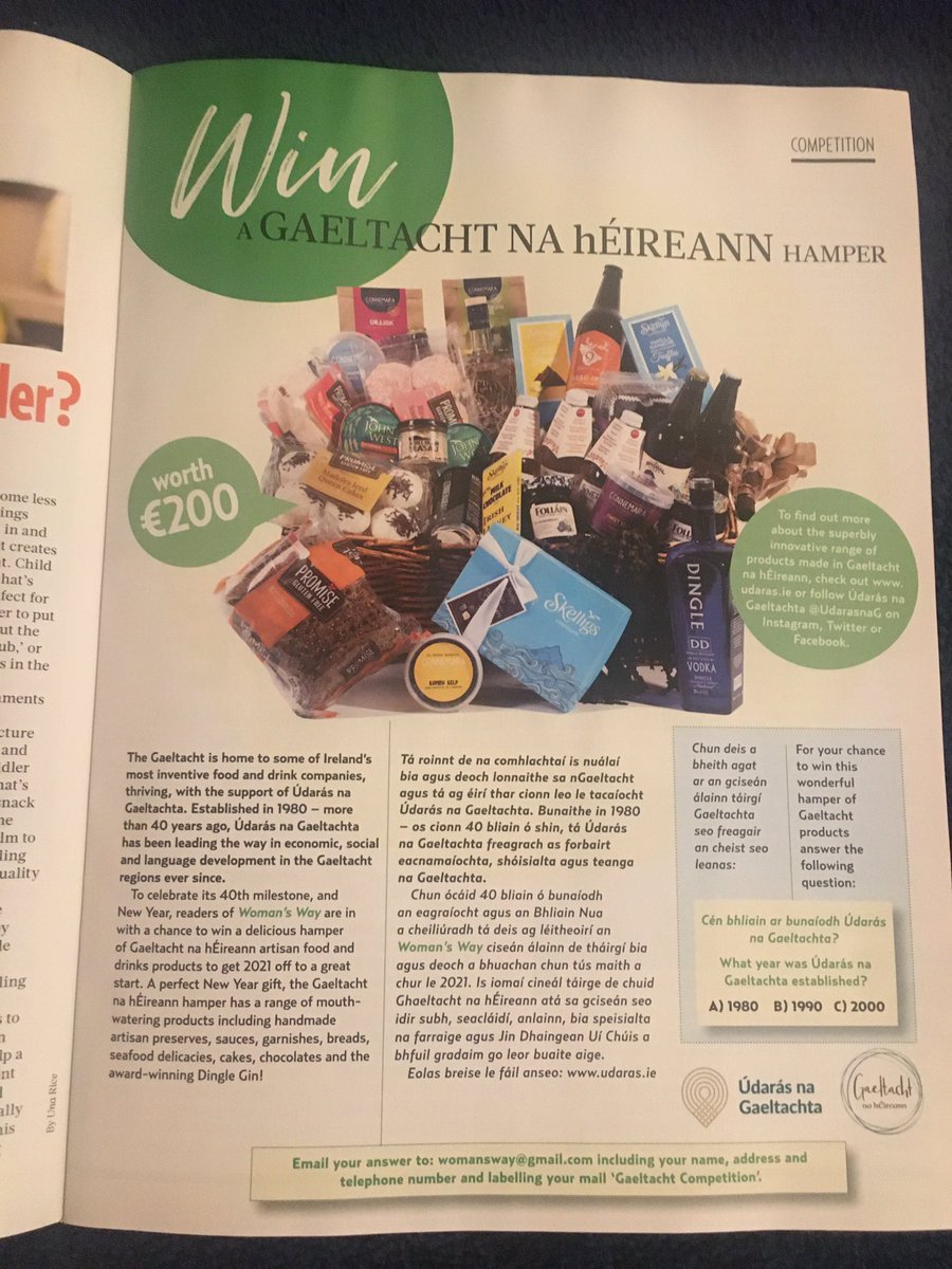 🌟competition time🌟Check out the current edition of <a href="/Womans_Way/">Woman's Way</a> &amp; be in with a chance to win a fab hamper of #delicious #gaeltacht made #artisanfood #drinks including <a href="/FollainJams/">Folláin Preserves</a> <a href="/skelligschoc/">Skelligs Chocolate</a> <a href="/DingleWhiskey/">Dingle Distillery</a> &amp; much more! 
Be sure to enter!! <a href="/UdarasnaG/">Údarás na Gaeltachta</a> #40years #businesssupport