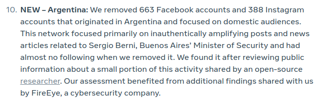 MauroEldritch's tweet photo. 🗣️ #Propaganda: En colaboración con @FireEye,  @Facebook remueve 663 cuentas de su plataforma homónima y de 388 de @instagram, utilizadas para difundir noticias sobre el actual Ministro de Seguridad de la Provincia de Buenos Aires.

🌐: https://t.co/Yss1YEyX4b

#Argentina #Trolls https://t.co/9eqSTJ4ooo