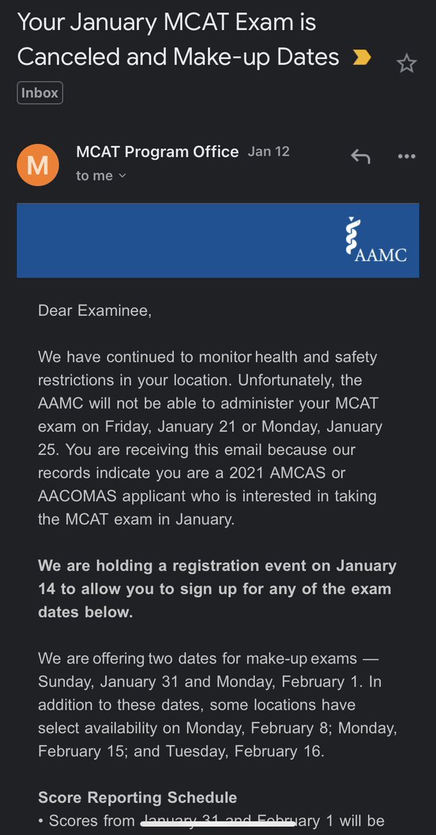 We were told that everyone who wanted to take the MCAT would be able to test. We were told we’d receive 10 DAYS NOTICE of cancellation for our exams. My exam was scheduled for 1/21/21 and I received this email on 1/12 at 6pm. #WaiveTheMCAT @EthicalStudents @AAMC_MCAT
