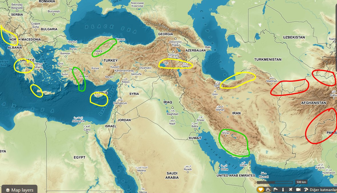 Yarın gece yarısına kadar geçerli tahmindir.
Alçak basınç merkezi güney doğu yani iran yönüne baskılarsa İran veya civarında 5.0 üzeri deprem riski artacaktır. Sabah saat 6.00-10.00 arası Yunanistan veya girit civarı ciddi #deprem üretebilir.
Yeşil tavan 5.0 sarı 5.9 kırmızı 7.0