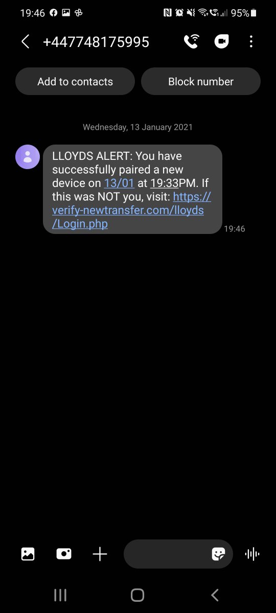EllEmJayy's tweet photo. @LloydsBank Hi! Just letting you know that I received this text from  a scammer claiming to be this bank. I'm not a part of yourselves, so obviously this is fake. https://t.co/mNRTrGjuxm