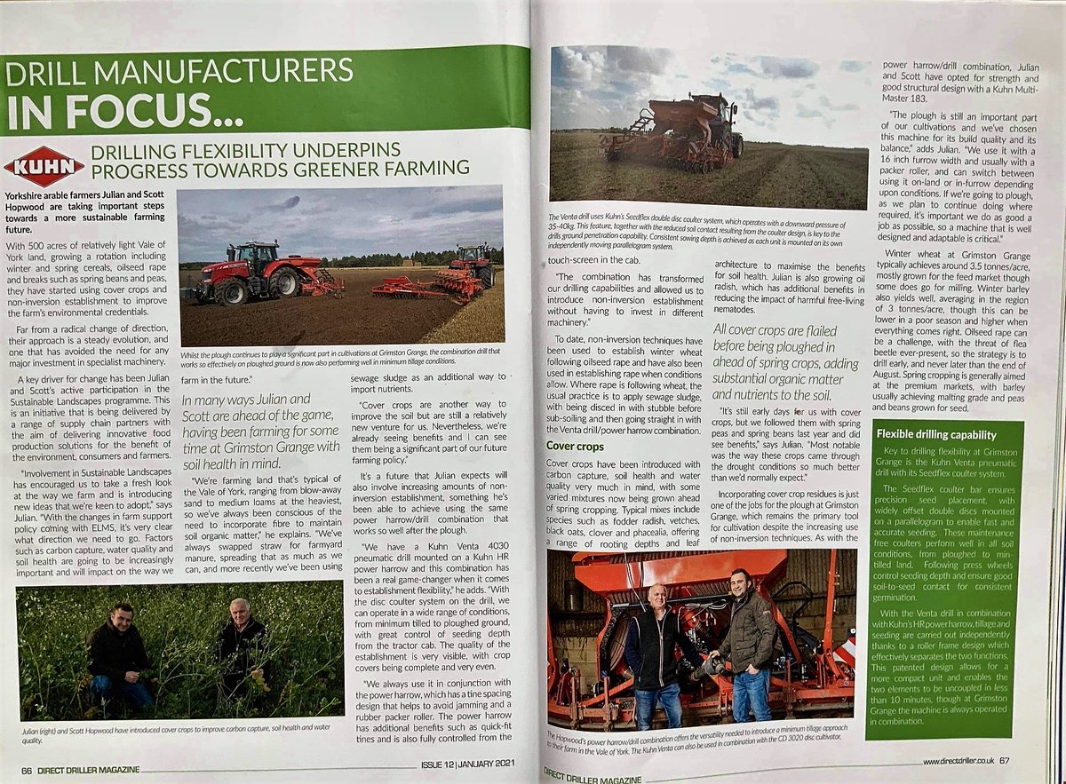 'Involvement in Sustainable Landscapes has encouraged us to take a fresh look at the way we farm and is introducing us to new ideas we are keen to adopt'. Great to see a Landscapes Pilot farm in the <a href="/mydirectdriller/">Direct Driller</a>  magazine #soilmatters #covercrops #carboncapture #soilhealth