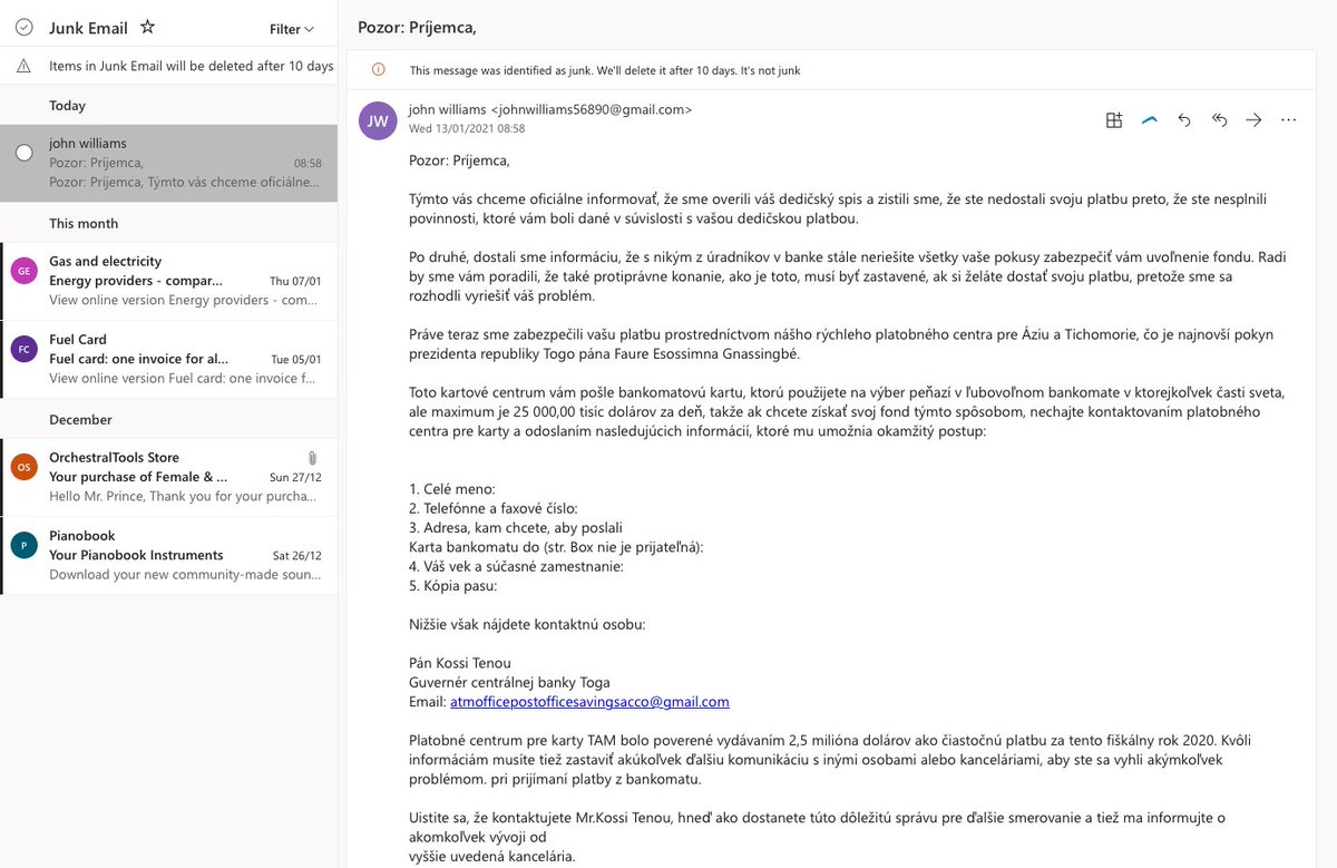 I received an email from John Williams ... written in french! The shock!! Turns out... I'm not getting my inheritance, and he's moved to Togo to become a minister of finance. I wonder what Hans thinks of this....?

!#FunnyScam!