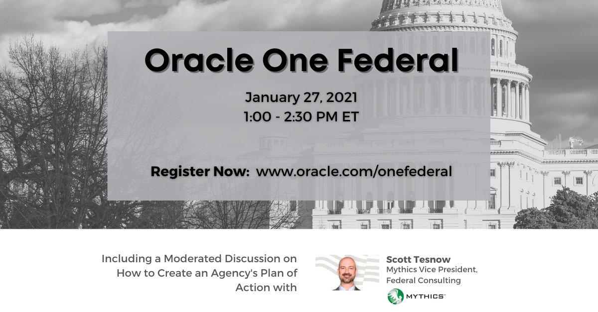 Mythics's tweet photo. Registration for #OracleOneFederal is open! The program will cover how agencies are using technology to conquer challenges, and includes a moderated discussion with Mythics VP, Scott Tesnow, highlighting how to create an agency's plan of action.
Register: https://t.co/2VBkHQ5Sjr https://t.co/Fkiw2I1a2i
