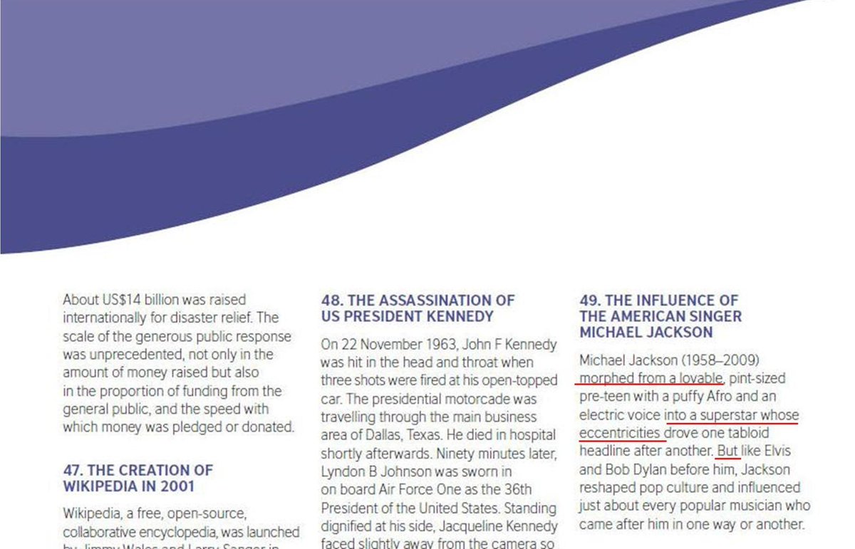com referências ao cantor na literatura sobre comunicação de massa, psicologia, medicina, engenharia e química. O British Council nomeou Michael em sua lista dos "80 momentos que moldaram o mundo" no que diz respeito às relações culturais internacionais.