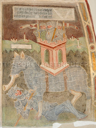 ninomajasdiho's tweet photo. "Death of Eleazar": He kills the armoured #historicalelephant, which is more like a horse with a trunk, which in turn will crush him with its weight.
Detail from the #fresco cycle in St. Nikoalus in #Klarent, South Tyrol (around 1470).
#frescofryday #AnimalsInChurches https://t.co/xlFxDLko3v