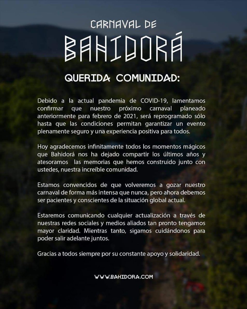 PeriferiaM's tweet photo. Uno más a la lista. 😞
@Bahidora anuncia la suspensión de su festival 2021. https://t.co/kjBPKzsvRZ