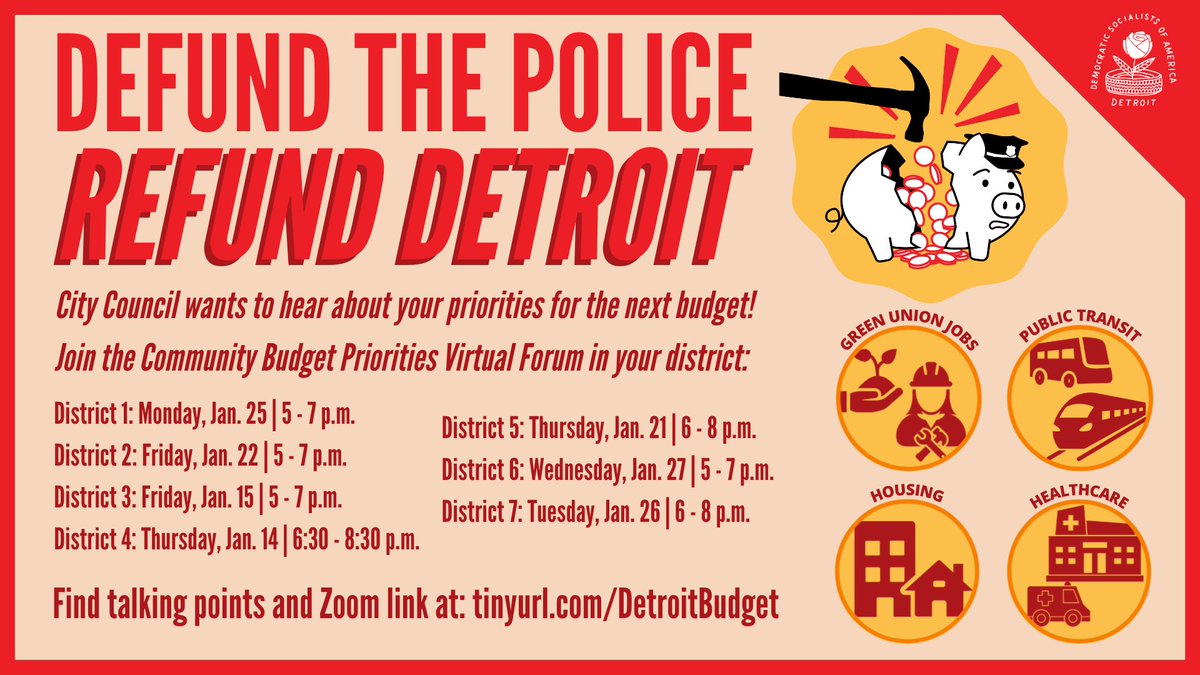 detroitdsa's tweet photo. π’#DefundThePolice
Over the next 2 weeks, Detroit City Council are hosting forums to hear from you about city budget priorities. Join us at the one in your district to make a public comment and let them know that they must #DefundDPD and #RefundDetroit!
https://t.co/8Z4wo3l7i5 https://t.co/ouLgm1x33f