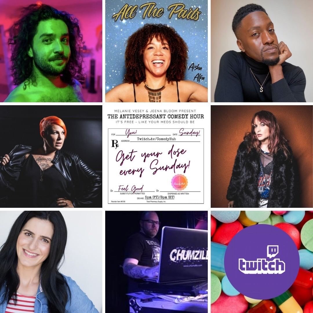 AntiDcomedy's tweet photo. 💊SUNDAY! Impeach those bad vibes and join us at 5pm (PT) on @ComedyHubLive on TWITCH! 

💊With-
@OfficialSampson 
@aishaalfa 
@Billy_McC 
@jeenabloom 
@SophiaZolan 
@MelanieVesey 
DJ @ChumZilla 

💊RSVP ➡️ https://t.co/QJSagpW1a3 

#ComedyShow #Livestream https://t.co/y0fXelIZCF