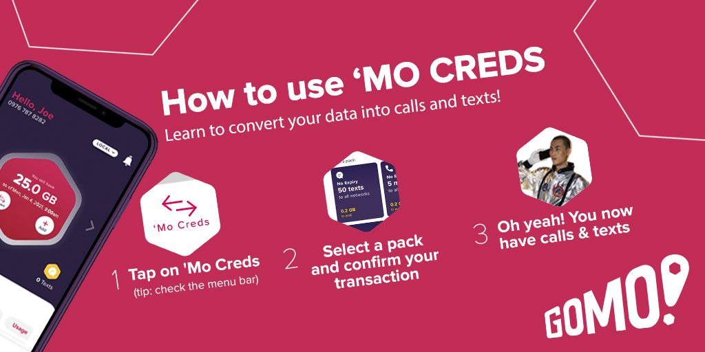 gomo_ph's tweet photo. Need calls and texts? With our ‘Mo Creds, easily convert your data anytime, anywhere, all on the GOMO app! 

#MoTips https://t.co/uEebDrqCv1