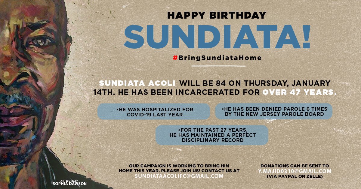 47 years is too long to be incarcerated, let’s work to bring Sundiata Acoli home.  Sundiata turns 84 years old on January 14th. He deserves to be free. The time is now to release aging and ill incarcerated people.#BringSundiataHome