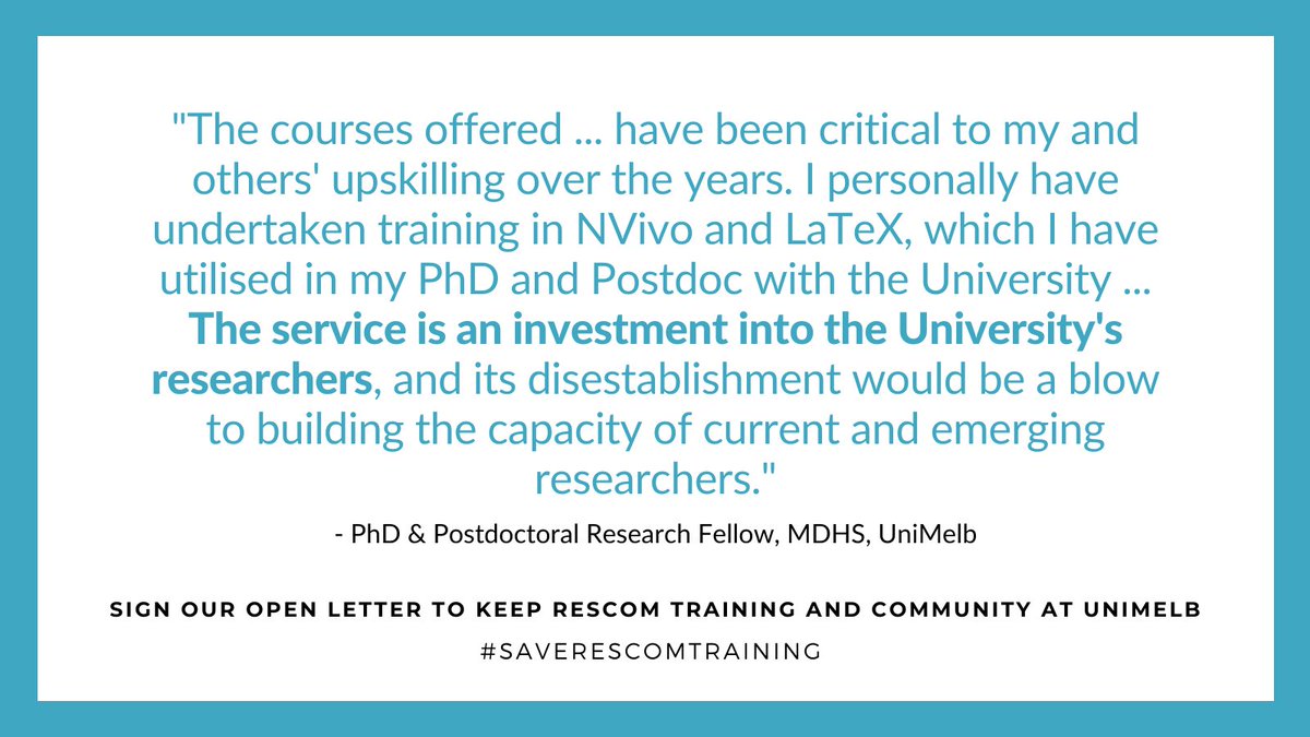 We have built communities around digital research tools which allow researchers to be supported, meet other researchers &amp; skill share. With our proposed disestablishment, these invaluable institutional networks will disappear. Sign to #SaveResComTraining: saverescomtraining.gitbook.io