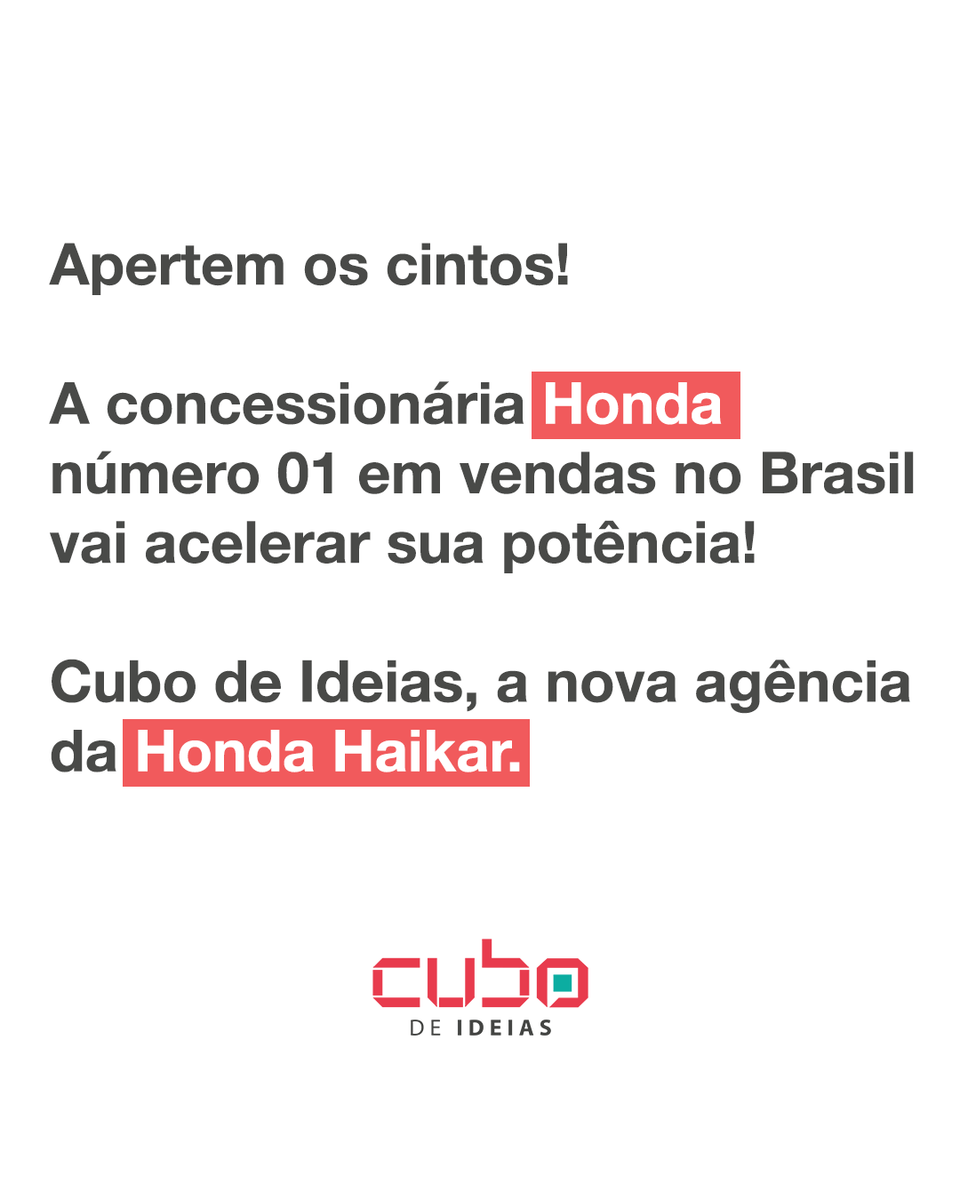 cubodeideias's tweet photo. Temos a alegria de anunciar mais uma importante conquista. A Cubo de Ideias agora é a responsável pela comunicação da maior concessionária Honda do Brasil Estamos muito animados com o desafio. Bem-vinda à nossa casa, Honda Haikar! #CuboDeIdeias #HondaHaikar #Honda #GrupoVentura https://t.co/rxHrMhwO7L
