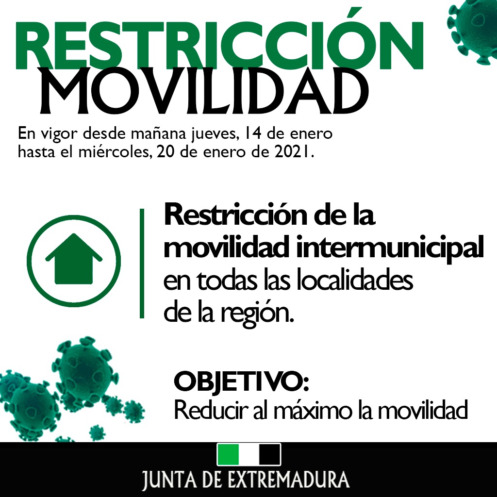 Junta_Ex's tweet photo. 📝  Publicado el #DOE:

✅ Restricción de la #Movilidad intermunicipal en todas las localidades de la región.

📆 En vigor desde mañana jueves, 14 de enero, hasta el miércoles 20 de enero de 2021 https://t.co/cYC5e1bDhV