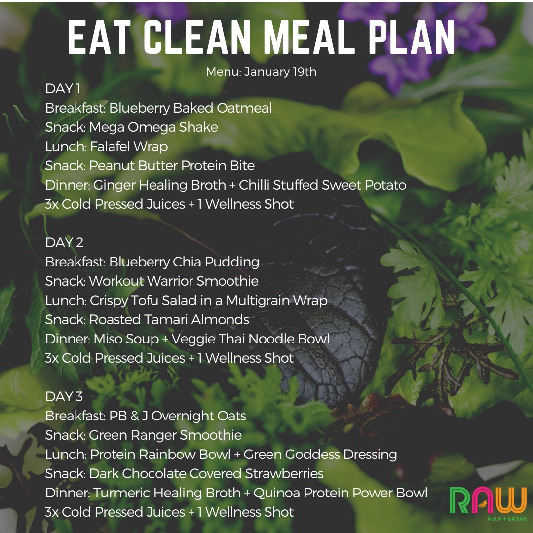 Here it is! Next week’s Eat Clean Meal Plan menu. 100 % plant-based - day 3 also 100% gluten-free rawpulpandgrind.com/raw-reboot-cle…