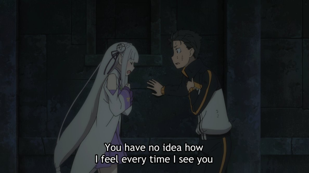 To Emilia, Subaru's genuine love for her feels like his suffocating idealization of Arc 3, as she refuses to believe him and take his words at face value. "Don't talk like I'm just some doll!" especially cuts deep.