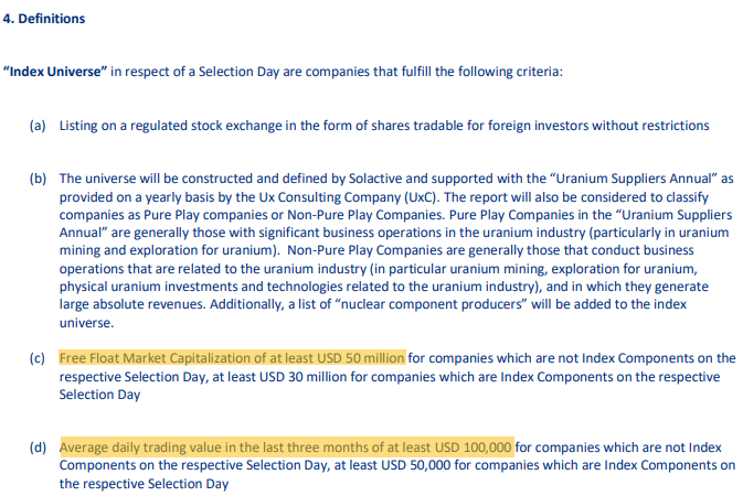 3/ There are 2 main selection criteria for new additions to the ETF; a U$50M Free Float Mkt Cap and a daily avg trading value of min U$100,000 in the last 3 months (leading up to January 15th).Here are the full selection guidelines: https://www.solactive.com/wp-content/uploads/2020/08/Solactive-Global-Uranium-Nuclear-Technology-Total-Return-Index_2020_08_13.pdf