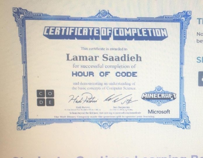 Natasha1ah's tweet photo. Our enthusiastic learners completed their first course on @hourofcode and received a certificate of completion during the #Robotics session #proudofyou #Minecraft #codingblock #remotelearning #ExtraCurricular @DawhaHighSchool https://t.co/F92qaxhAIP