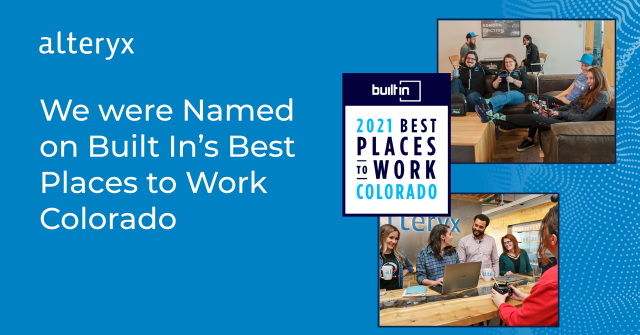 alteryxamy's tweet photo. We’re on the list! Excited to share that Alteryx has been included in @BuiltIn’s Top Overall Places to Work in Colorado! See our rank here: #2021BuiltInBest #BuiltInColorado #TeamAlteryx https://t.co/jkORjodEsE https://t.co/z9iEjZbBPJ