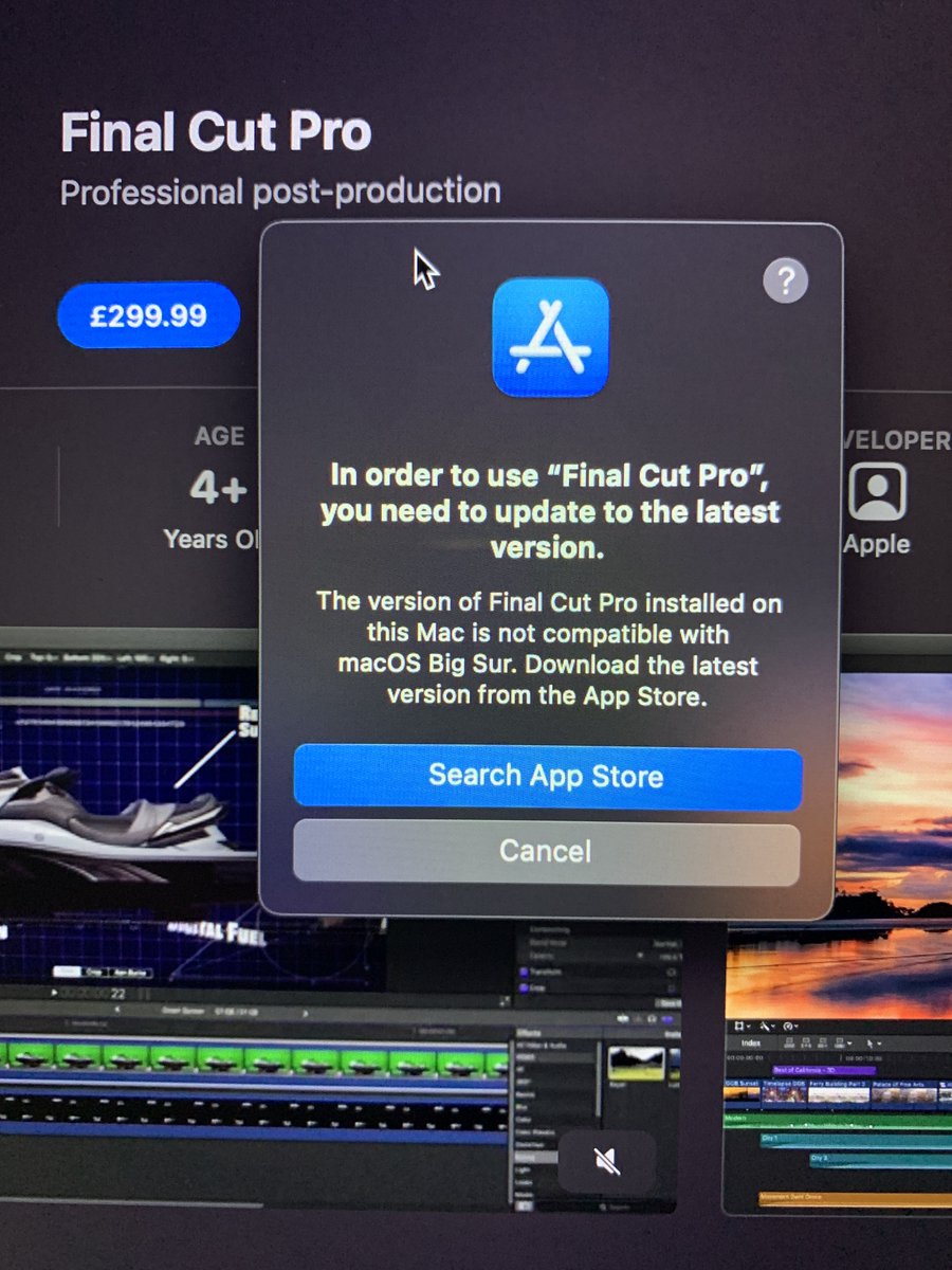 djkarlgoodo's tweet photo. Fuming 😡 just updated to #BigSur @AppleSupport #MacbookPro2015 and now its asking me to update my #FinalCutPro when i do so it says i have to pay £299 for app
😖😖😖😖#nothappy https://t.co/YIhF62K3L1