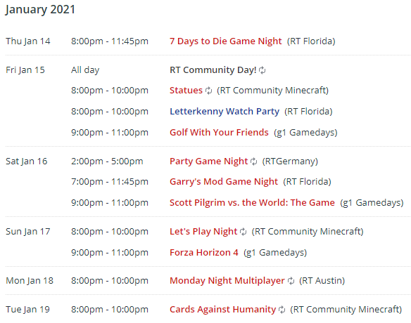 RTW_Community's tweet photo. Hey friends! Check out what events the RT Community has coming up! Hang out online with @RT_Florida @RTCommServer @g1_Gamedays @RTAustinTX and @rt_germany and have some fun!
Details at: https://t.co/wlIzTN9xa4 (event times and details subject to change. Times shown in EST) #RTWCC https://t.co/Y7PkeLrsP6