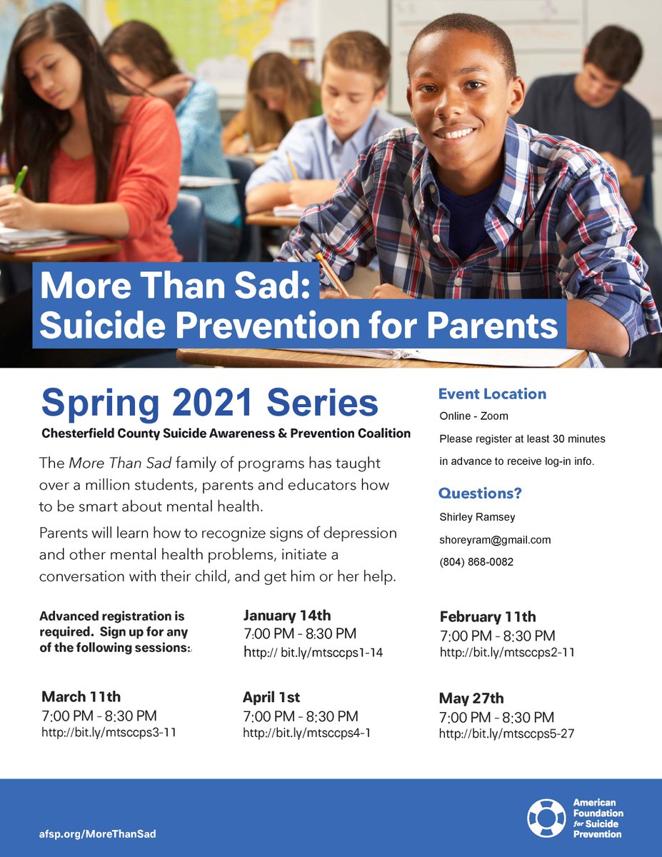 Chesterfield Suicide Awareness &amp; Prevention Coalition is presenting "The More Than Sad" family of programs: Be smart about mental health. Learn how to recognize signs of depression &amp; mental health problems, initiate a conversation with their child, and get him or her help.