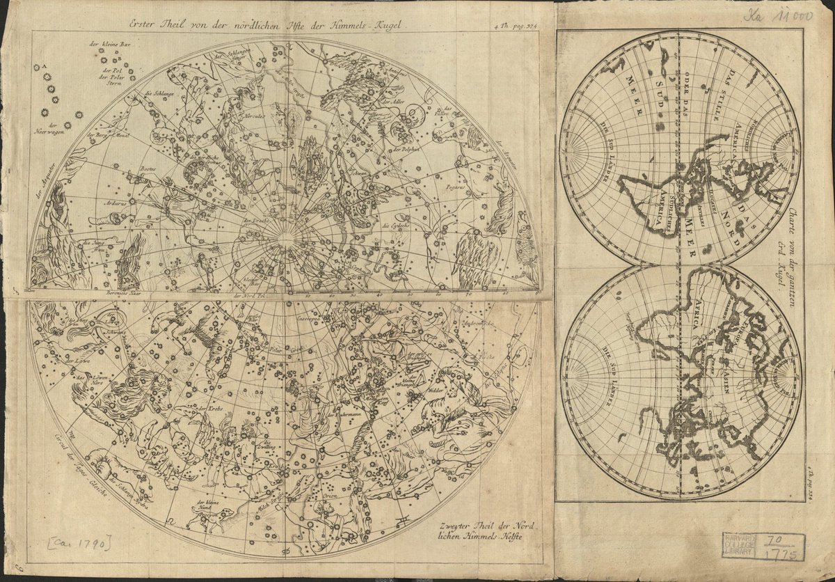 Image of a map of the Northern Hemisphere stars pasted together with a smaller sheet depicting a double hemispherical earth.