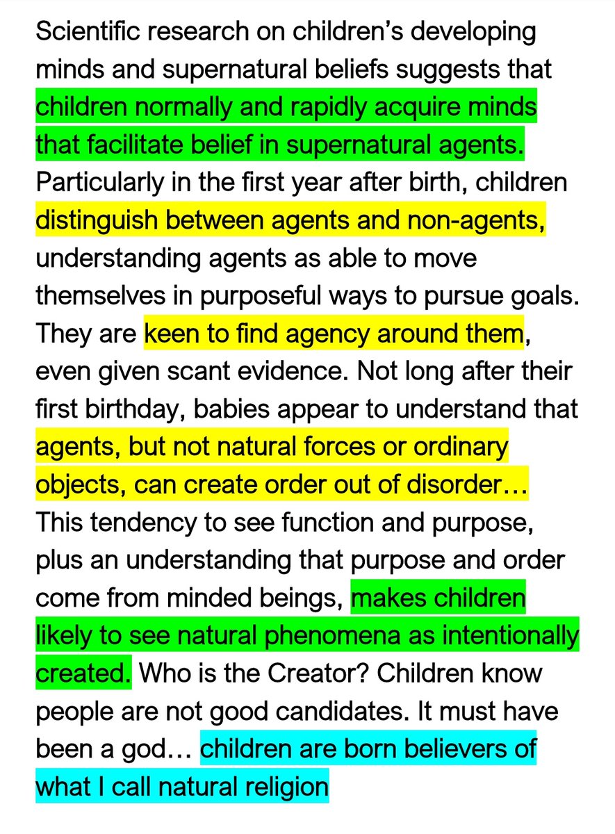 In his book, Born Believers: the science of children's religious beliefs, the Oxford psychologist and anthropologist, Dr. Justin Barrett asserts that children believe in "the natural religion" where a non-human, and supernatural being created the universe.