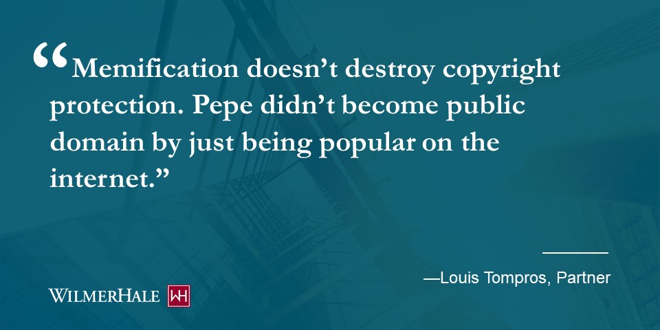 WilmerHale's tweet photo. During this In the Public Interest podcast episode on #PepetheFrog, WilmerHale's @LouisTompros and Stephanie Lin discuss the challenges of #memeification and how it applies to #copyright protection. Listen and subscribe today https://t.co/OYuahASvLo https://t.co/PeKvSKvDah