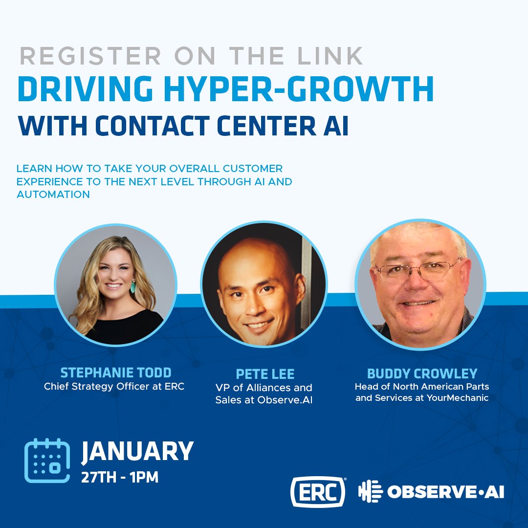Our Live Case Study: Driving Hyper-Growth with Contact Center AI is coming up, the date is on January 27th, at 1 PM. We invite you to learn how to impact positively your #CustomerService experience using AI and automation.

Register on this link ercbpo.com/yourmechanic-w…

#ERCBPO