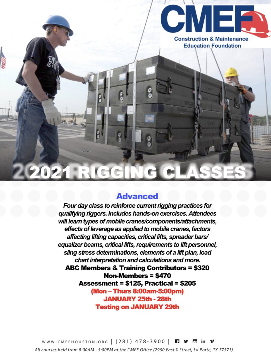 Join CMEF for a four-day overview class to reinforce current practices for qualifying riggers. To register for this course call 281-478-3900.
 
For more information about CMEF and to view our catalog of offerings visit onlinecmef.org