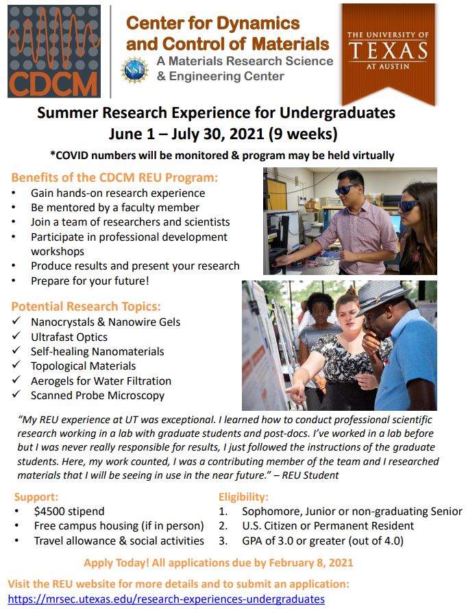 Texas CDCM (@texascdcm) on Twitter photo We're seeking engineering and other STEM students to join our summer Research Experience for Undergrads! Applications close Feb. 8. Please spread the word about this opportunity! See this link and the flyer below for more info: mrsec.utexas.edu/research-exper… We're seeking engineering and other STEM students to join our summer Research Experience for Undergrads! Applications close Feb. 8. Please spread the word about this opportunity! See this link and the flyer below for more info: mrsec.utexas.edu/research-exper…