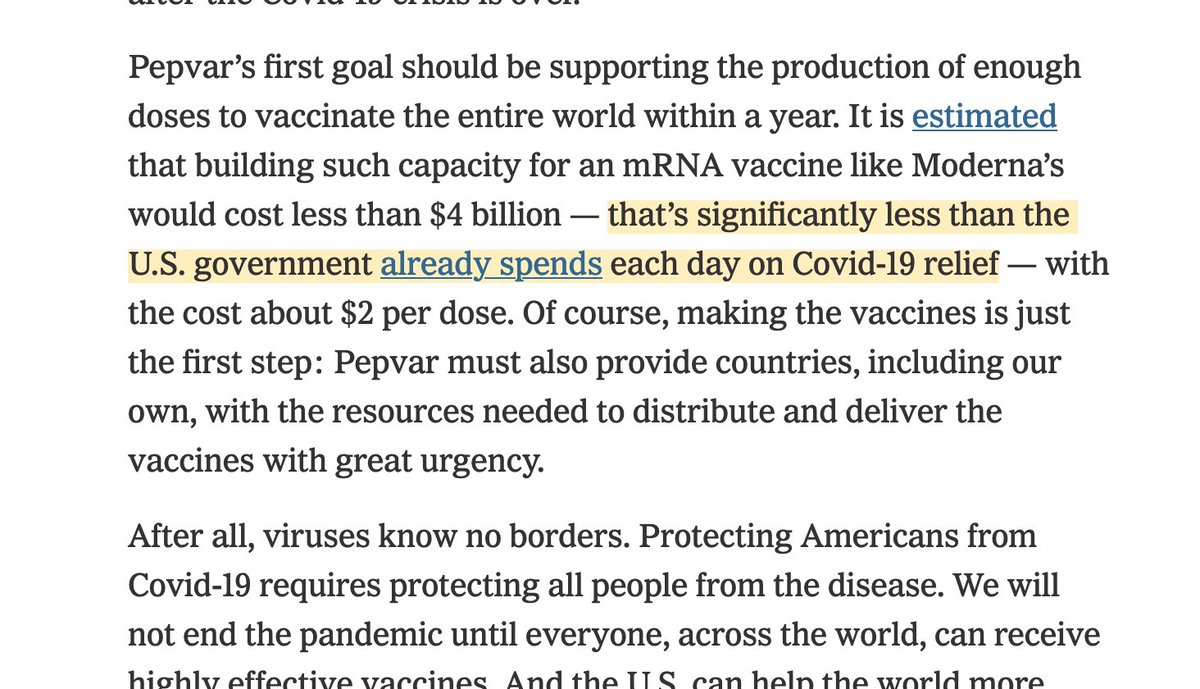 If this is even remotely true it is unbelievably exciting news. 10- or 100-times that price would be cheap.This important article outlines a plan for how to pull it off (it's based on the paper above). https://www.nytimes.com/2021/01/12/opinion/world-covid-vaccines.html?smid=tw-shareHere is a perspective on the $4 billion price tag.