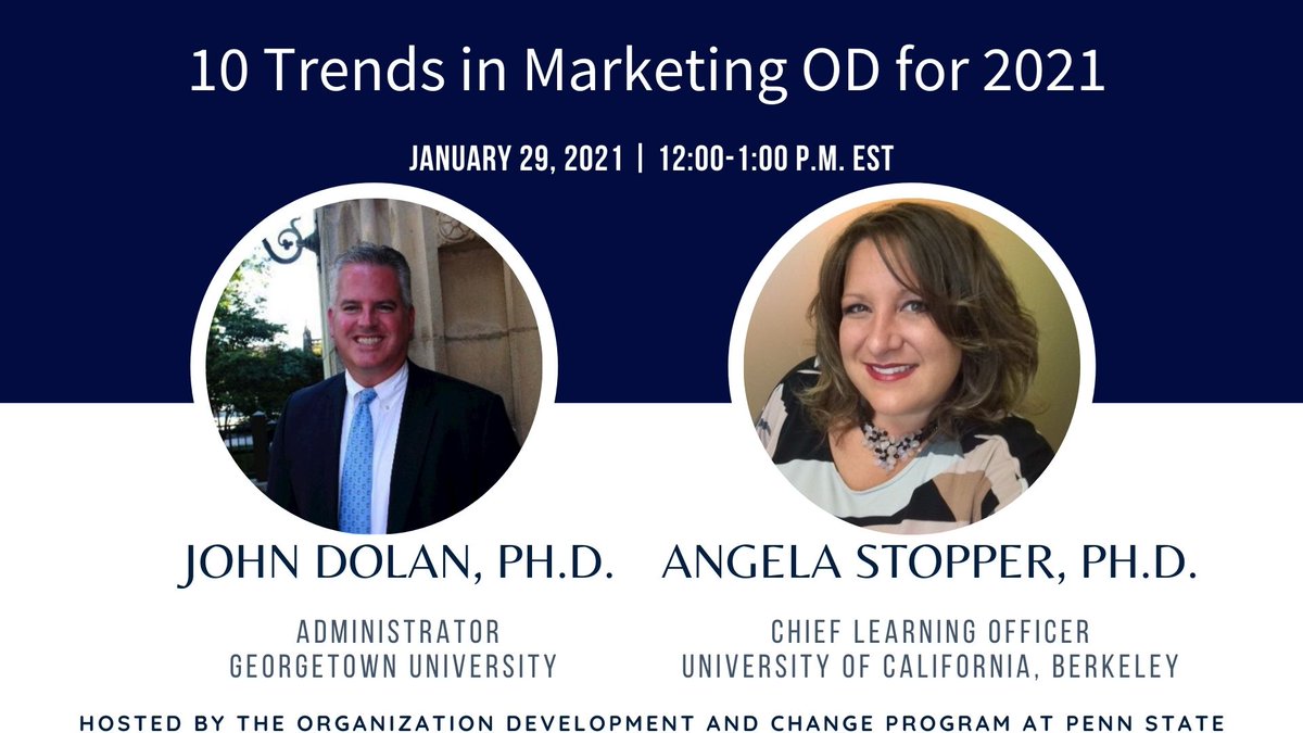 psuwfedodc's tweet image. Our next webinar is presented by John Dolan, Ph.D. and Angela Stopper, Ph.D. on &apos;10 Trends in Marketing OD for 2021&apos; on January 29, 2021 from 12:00-1:00 p.m. EST. Kindly find the registration link here: pennstateodcwebinar.eventbrite.com
#pennstate #pennstateODC #webinarseries #livewebinar
