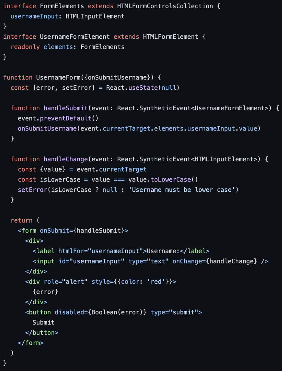 kentcdodds's tweet image. Here&apos;s how I type HTML forms so I can access form elements. Extend HTMLFormControlsCollection and HTMLFormElement and poof you get typing without casting :)

github.com/kentcdodds/rea…